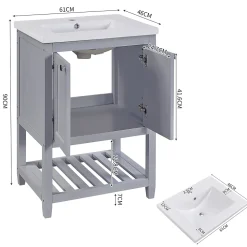 Meuble Lavabo avec Vasque Céramique - Meuble Sous-Vasque Moderne avec Espace de Rangement, Bois de Pin et MDF, 61x46x90 cm - Gris