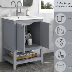 Meuble Lavabo avec Vasque Céramique - Meuble Sous-Vasque Moderne avec Espace de Rangement, Bois de Pin et MDF, 61x46x90 cm - Gris