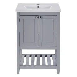 Meuble Lavabo avec Vasque Céramique - Meuble Sous-Vasque Moderne avec Espace de Rangement, Bois de Pin et MDF, 61x46x90 cm - Gris