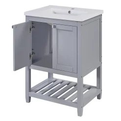 Meuble Lavabo avec Vasque Céramique - Meuble Sous-Vasque Moderne avec Espace de Rangement, Bois de Pin et MDF, 61x46x90 cm - Gris