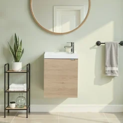 Meuble lave mains suspendu effet chêne l.44 cm Imandra + plan vasque blanc résine Beni, GoodHome