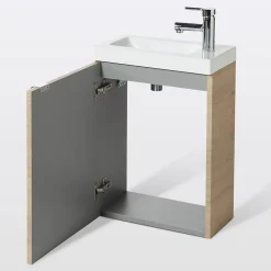 Meuble lave mains suspendu effet chêne l.44 cm Imandra + plan vasque blanc résine Beni, GoodHome