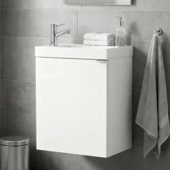 Meuble lave mains suspendu blanc brillant l.44 cm Imandra + plan vasque blanc résine Beni, GoodHome