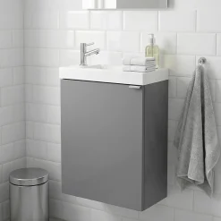 Meuble lave mains suspendu gris brillant l.44 cm Imandra + plan vasque blanc résine Beni, GoodHome