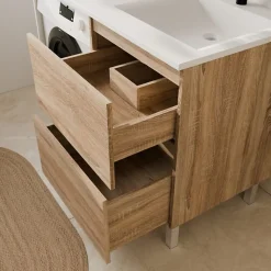 Meuble lave-linge IDEA, plan vasque déportée + Miroir Prestige- Bois- Vasque à droite
