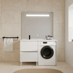 Meuble lave-linge IDEA, plan vasque déportée + Miroir Elégance h105- Blanc- Vasque à gauche