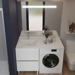 Meuble lave-linge IDEA, plan vasque déportée + Miroir Elégance h105- Blanc- Vasque à gauche