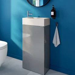 Meuble lave-mains à poser gris brillant l.44 cm Imandra + plan vasque béton beige moucheté, GoodHome