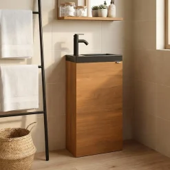 Meuble lave-mains à poser lave-mains effet noyer l.44 cm Imandra + plan vasque noir céramique Nira, GoodHome