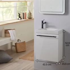 Meuble lave-mains blanc avec vasque en céramique, mitigeur et poignée noire