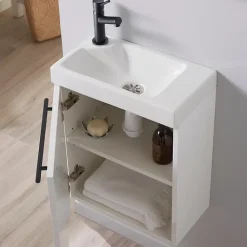 Meuble lave-mains blanc avec vasque en céramique, mitigeur et poignée noire