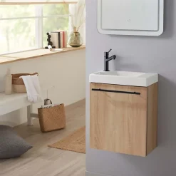 Meuble lave-mains finition bois oak avec mitigeur noir et poignée noire