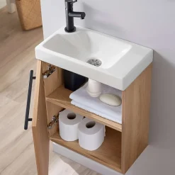 Meuble lave-mains finition bois oak avec mitigeur noir et poignée noire