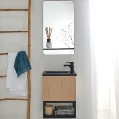Meuble lave-mains NOVA décor chêne suspendu + miroir rectangulaire
