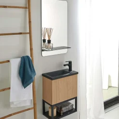 Meuble lave-mains NOVA décor chêne suspendu + miroir rectangulaire