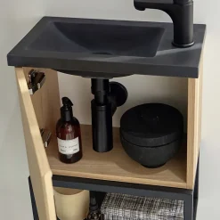 Meuble lave-mains NOVA décor chêne suspendu + miroir rectangulaire