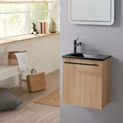 Meuble lave-mains pour wc finition chêne oak équipé d'un lave-mains en solid surface et robinet noir