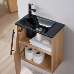 Meuble lave-mains pour wc finition chêne oak équipé d'un lave-mains en solid surface et robinet noir
