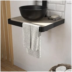 Meuble lave-mains SOHO plan fin p-serviette face vasque noire + robinet