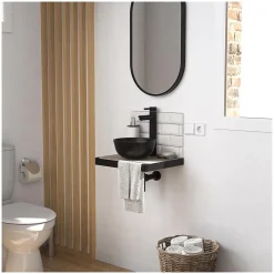 Meuble lave-mains SOHO plan fin p-serviette face vasque noire + robinet