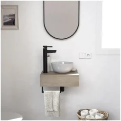 Meuble lave-mains SOHO plan épais vasque blanche + robinet + miroir