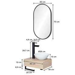 Meuble lave-mains SOHO plan épais vasque blanche + robinet + miroir