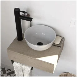 Meuble lave-mains SOHO plan épais vasque blanche + robinet + miroir