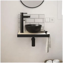 Meuble lave-mains SOHO plan fin p-serviette côté vasque noire + robinet