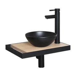 Meuble lave-mains SOHO plan fin p-serviette côté vasque noire + robinet