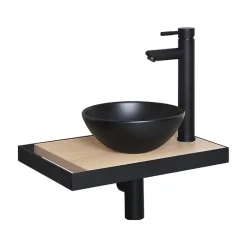 Meuble lave-mains SOHO plan fin p-serviette côté vasque noire + robinet