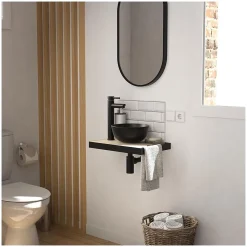Meuble lave-mains SOHO plan fin p-serviette côté vasque noire + robinet