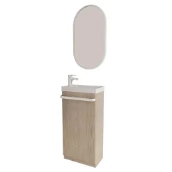 Meuble lave-mains sur pieds JOHANN décor chêne + vasque + miroir