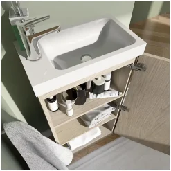 Meuble lave-mains sur pieds JOHANN décor chêne + vasque + miroir