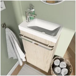 Meuble lave-mains sur pieds JOHANN décor chêne + vasque + miroir