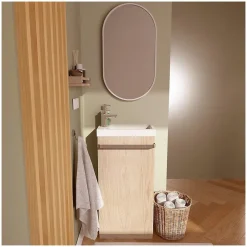 Meuble lave-mains sur pieds JOHANN décor chêne + vasque + robinet + miroir