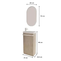 Meuble lave-mains sur pieds JOHANN décor chêne + vasque + robinet + miroir