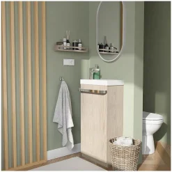 Meuble lave-mains sur pieds JOHANN décor chêne + vasque + robinet + miroir
