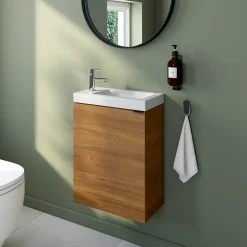 Meuble lave-mains suspendu effet noyer l.44 cm Imandra + plan vasque blanc céramique Nira, GoodHome