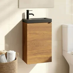 Meuble lave-mains suspendu effet noyer l.44 cm Imandra + plan vasque noir céramique Nira, GoodHome