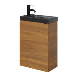 Meuble lave-mains suspendu effet noyer l.44 cm Imandra + plan vasque noir céramique Nira, GoodHome