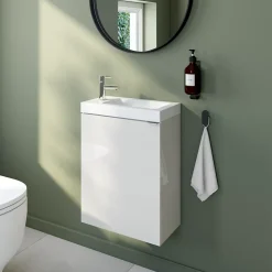 Meuble lave-mains suspendu blanc brillant l.44 cm Imandra + plan vasque blanc céramique Nira, GoodHome