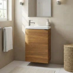 Meuble lave-mains suspendu effet noyer l.44 cm Imandra + plan vasque blanc résine Beni, GoodHome