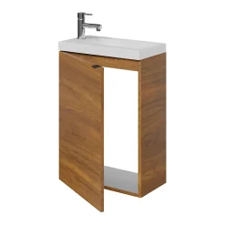 Meuble lave-mains suspendu effet noyer l.44 cm Imandra + plan vasque blanc résine Beni, GoodHome