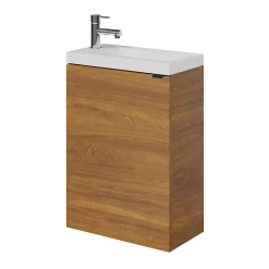 Meuble lave-mains suspendu effet noyer l.44 cm Imandra + plan vasque blanc résine Beni, GoodHome