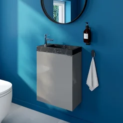 Meuble lave-mains suspendu gris brillant l.44 cm Imandra + plan vasque effet marbre noir, GoodHome