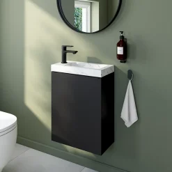 Meuble lave-mains suspendu noir mat l.44 cm Imandra + plan vasque effet marbre blanc, GoodHome