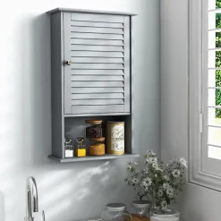 Meuble Mural de Salle de Bain, avec Etagère Réglable,avec Porte Persienne et 1 Etagère Ouverte, 42x17x70cm (Gris)