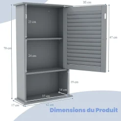 Meuble Mural de Salle de Bain, avec Etagère Réglable,avec Porte Persienne et 1 Etagère Ouverte, 42x17x70cm (Gris)