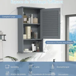 Meuble Mural de Salle de Bain, avec Etagère Réglable,avec Porte Persienne et 1 Etagère Ouverte, 42x17x70cm (Gris)