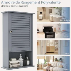 Meuble Mural de Salle de Bain, avec Etagère Réglable,avec Porte Persienne et 1 Etagère Ouverte, 42x17x70cm (Gris)